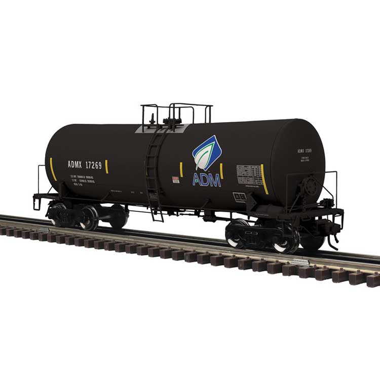 17,600-Gallon Corn Syrup Tank Car - 3-Rail - Ready to Run - Master(R) -- Archer-Daniels-Midland (black, blue, Leaf Logo, yellow conspicuity marks)