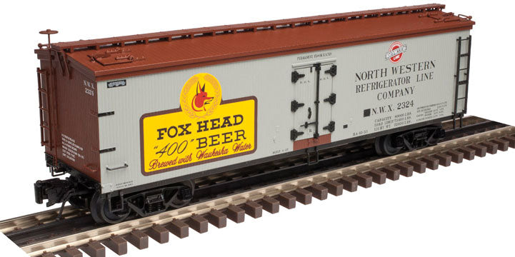 40' Wood Reefer - 3-Rail - Ready to Run -- Fox Head Beer NWX (Fantasy Scheme, gray, Boxcar Red, yellow)