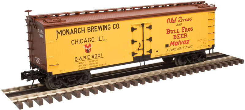 40' Wood Reefer - 3-Rail - Ready to Run - Master(R) -- Monarch Brewing Company GARE (yellow, Boxcar Red, red)