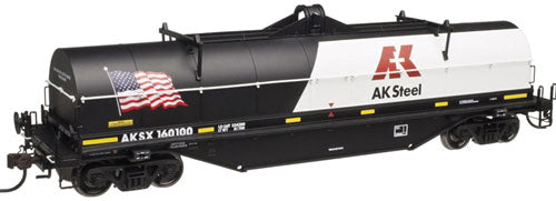 42' Coil Steel Car w/Fishbelly Side Sill - 3-Rail Ready to Run - Master(R) -- AK Steel (black, white, red, US Flag)