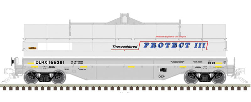 42' Coil Steel Car with Fishbelly Side Sill - 3-Rail - Ready to Run -- GE Railcar DLRX (gray, blue, red)