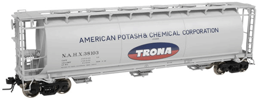 Master(TM) ACF(R) 3-Bay Cylindrical Hopper - 2-Rail - Ready to Run -- American Potash & Chemical Corp. (gray, Large Trona Logo)