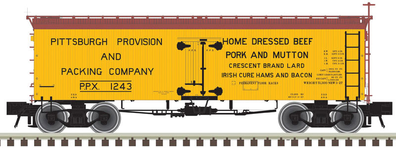 36' Wood Reefer with Truss Rods - 2-Rail - Ready to Run - Master(R) -- Pittsburgh Provision and Packing Co. (yellow, Boxcar Red)