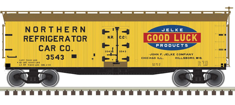 40' Wood Reefer - 2-Rail - Ready to Run - Master(R) -- Jelke Good Luck Products NRC (yellow, Boxcar Red, red, blue)