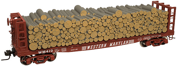 42' Pulpwood Flatcar - Load - 3-Rail - Ready to Run -- Western Maryland (Boxcar Red, Speed Lettering)-1