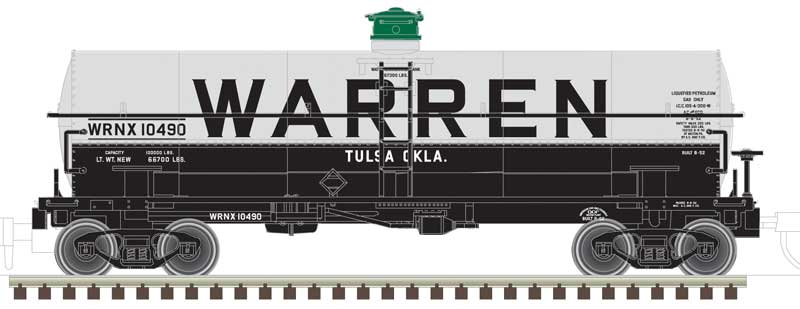 11,000-Gallon Tank Car No Platform - 3-Rail Ready to Run - Master(R) -- Warren Petroleum (white, black, Billbaord Lettering)