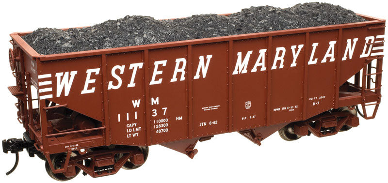 55-Ton 2-Bay Fishbelly Hopper w/Flat Ends & Load - 3-Rail - Ready to Run -- Western Maryland (Boxcar Red, white, Speed Lettering)