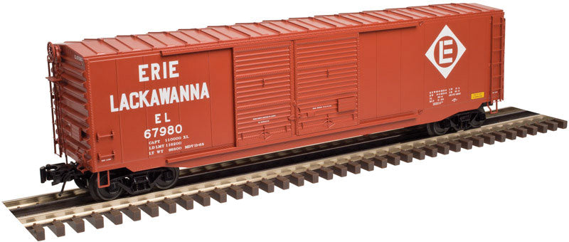 50' PS-1 Modernized Double-Door Boxcar - 3-Rail - Ready to Run - Master(R) -- Erie Lackawanna (Boxcar Red, white)