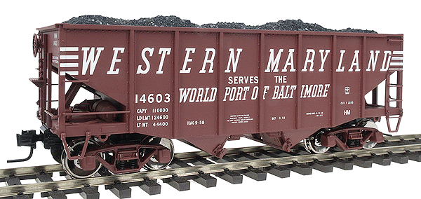 Master 55-Ton Fishbelly 2-Bay Open Hopper w/Flat Ends - 2-Rail - Ready to Run -- Western Maryland (Port of Baltimore; Oxide Red, white)