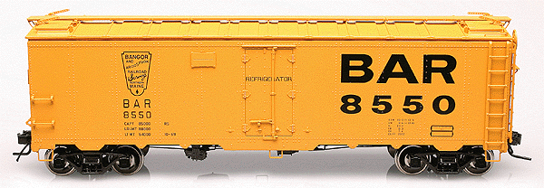 Atlas O Master(R) 40' Steel Reefer, 2-Rail -- Bangor & Aroostook (yellow, black w/large BAR & number)