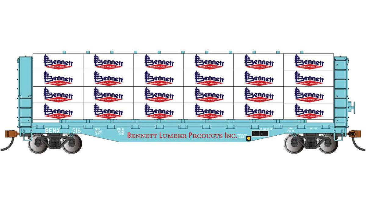52' Open Centerbeam Flatcar with Lumber Load - Ready to Run -- Bennett Lumber Products #316 (blue, red)