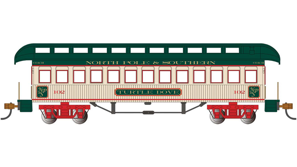 Old-Time Wood Coach with Round-End Clerestory Roof - Ready to Run -- North Pole & Southern Partridge (Christmas, cream, green, red)