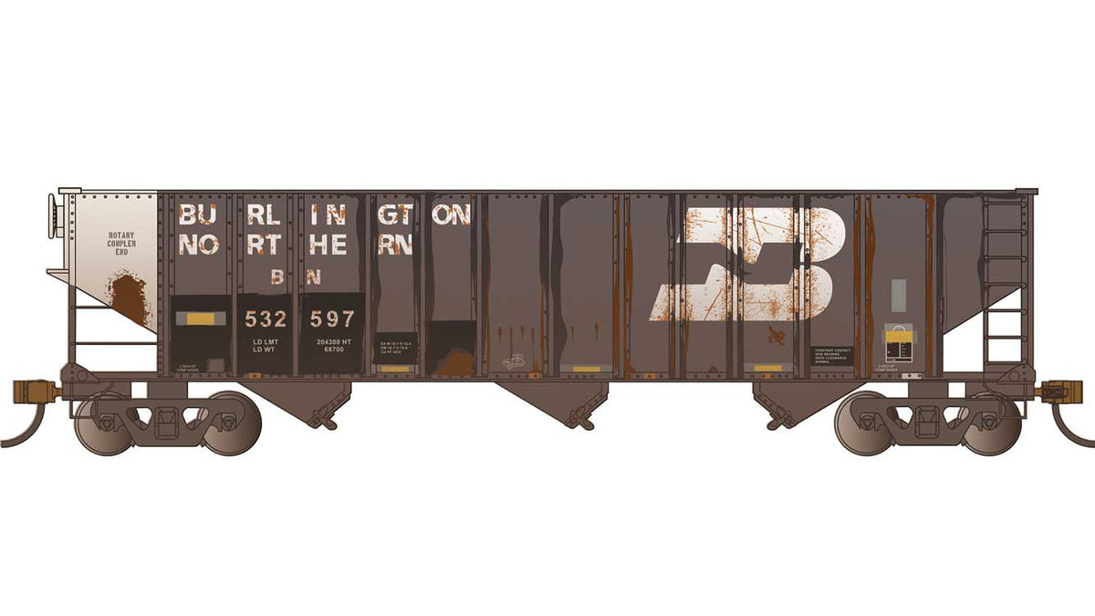 Bethlehem Steel 3-Bay 100-Ton Open Hopper - Ready to Run - Silver Series(R) -- Burlington Northern #532597 (Weathered, black, white, yellow conspicuity mar