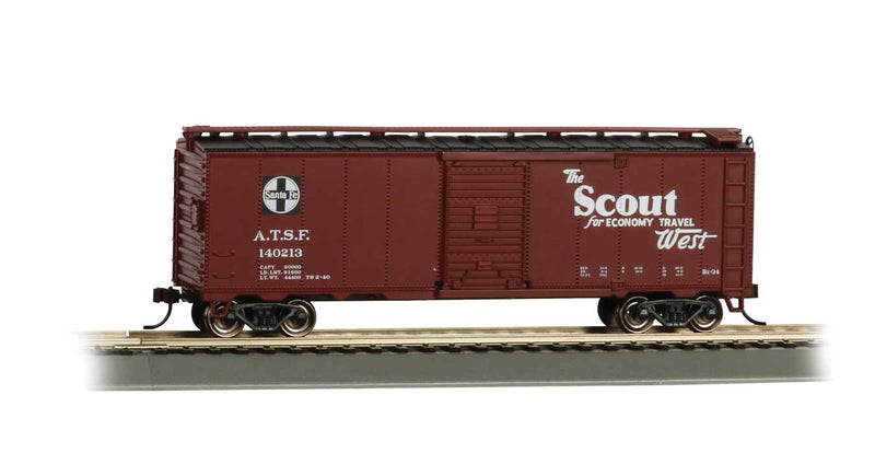 40' Steel Boxcar - Ready to Run -- Atchison, Topeka & Santa Fe (Boxcar Red; Map Scheme, "Scout...Economy Travel")
