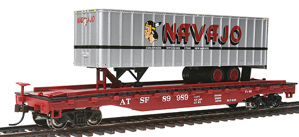 52' 6" Flatcar w/35' Piggyback Trailer - Ready to Run - Silver Series(R) -- Santa Fe w/Navajo Trailer (red car, silver, red Trailer w/Billboard Letterin-1
