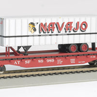 52' 6" Flatcar w/35' Piggyback Trailer - Ready to Run - Silver Series(R) -- Santa Fe w/Navajo Trailer (red car, silver, red Trailer w/Billboard Letterin