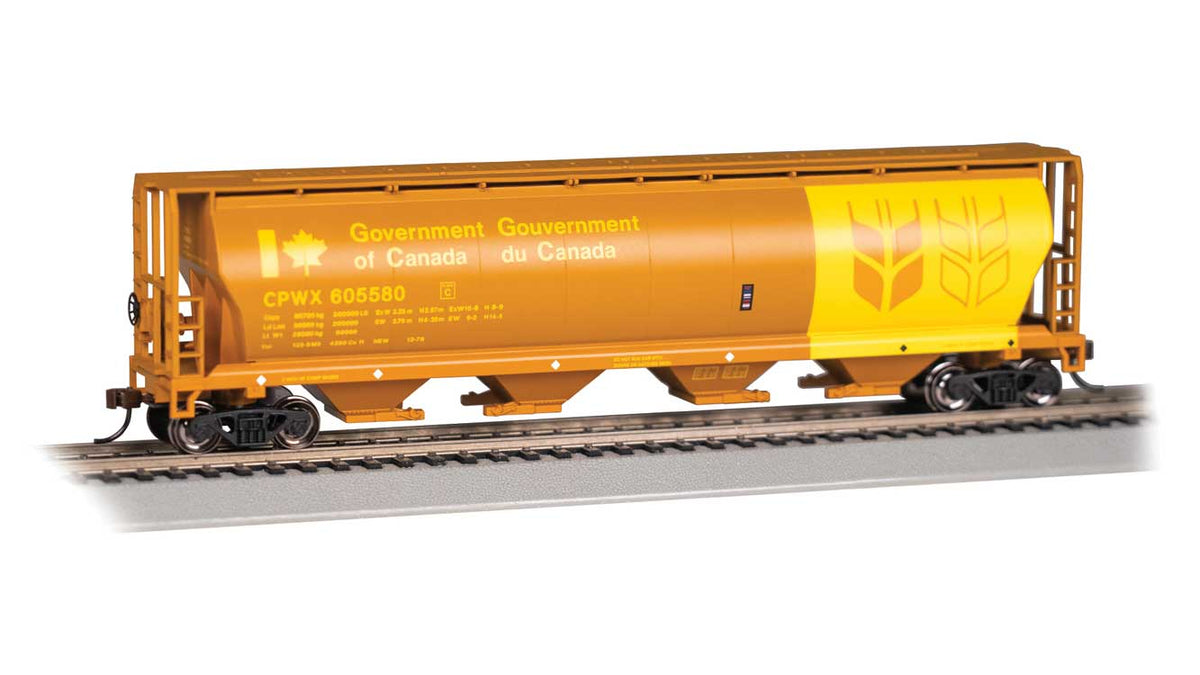 Canadian Cylindrical 4-Bay Grain Hopper - Ready to Run - Silver Series(R) -- Government of Canada (orange, yellow, Large Wheat Sheaf Graphic)