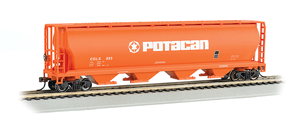 Canadian Cylindrical 4-Bay Grain Hopper - Ready to Run - Silver Series(R) -- Potacan (salmon, white, Large Logo)-1
