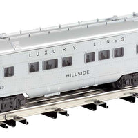 Williams(TM) by Bachmann,Golden Memories(R)O-27 Streamliner 4-Car PassengerS -- Luxury Lines (silver); Includes: 2 Coaches, Vista-Dome, Observation Car