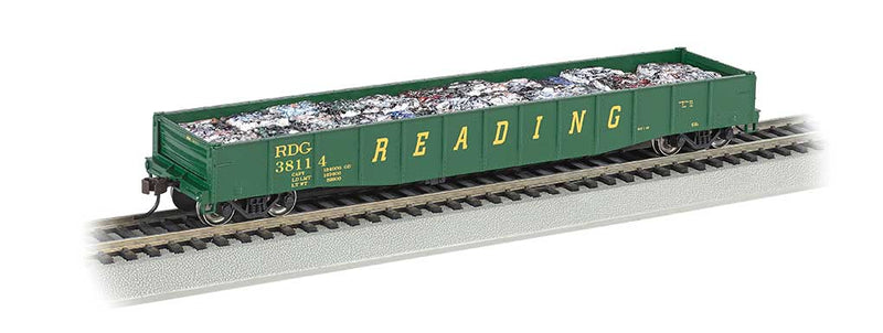ACF 50'6" Drop-End Gondola w/Crushed Auto Load - Ready to Run -- Reading #38114 (green, yellow)
