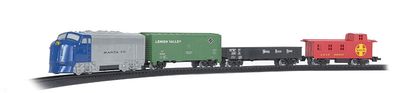 Rail Champ Battery-Powered Train Set -- Santa Fe F7 Locomotive (gray, blue), 3 Cars; 64 x 45" Track Oval-1