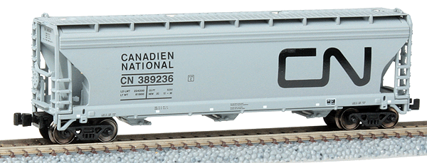 ACF 3-Bay Covered Hopper 4-Car Runner Pack - Ready to Run -- Canadian National #389202, 389218, 389234, 389236 (gray, Large CN Noodle Log