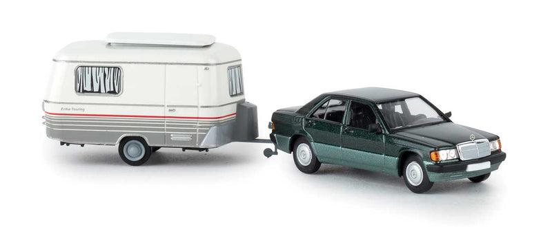 1987-1993 Mercedes-Benz 190 E Sedan with 1970s Eriba Trailer - Assembled -- Green Auto, White Trailer