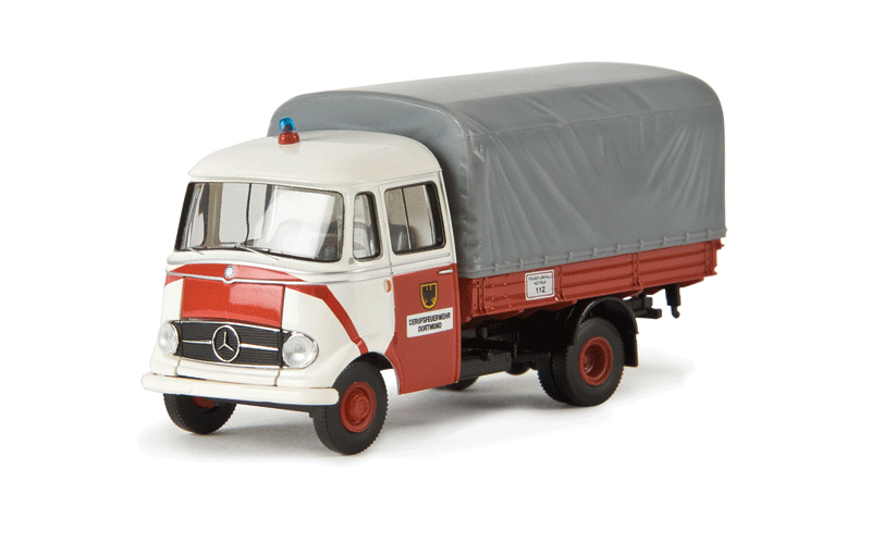 1956-1968 Mercedes-Benz L 319 Low-Side Truck - Assembled - Starmada(TM) -- Tarp Cover, Dortmund, Germany, Fire Department (red, white, German Lettering-1