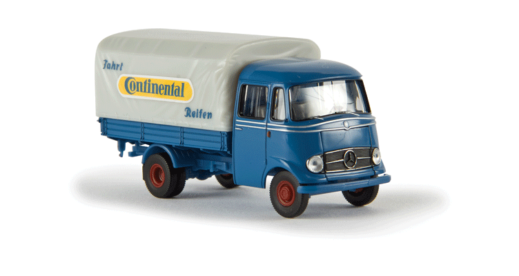 1956-1968 Mercedes-Benz L 319 Low-Side Truck - Assembled - Starmada(TM) -- With Tarp Cover, Continental Tires (blue, yellow, German Lettering)