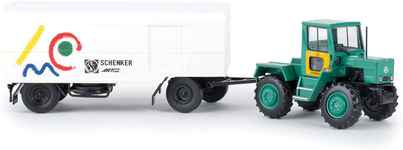1975 Mercedes-Benz Trac 800 Tractor with Trailer - Assembled -- Schenker (green tractor, white trailer, German Lettering)
