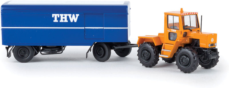1975 Mercedes-Benz Trac 800 Tractor with Trailer - Assembled -- THW (orange tractor, blue trailer, German Lettering)