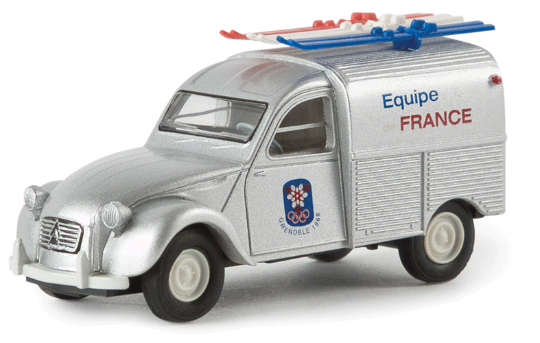 1950-1978 Citroen 2 CV Delivery Truck - Assembled -- Grenoble Winter Olympics 1968 (silver, red blue, French Lettering)