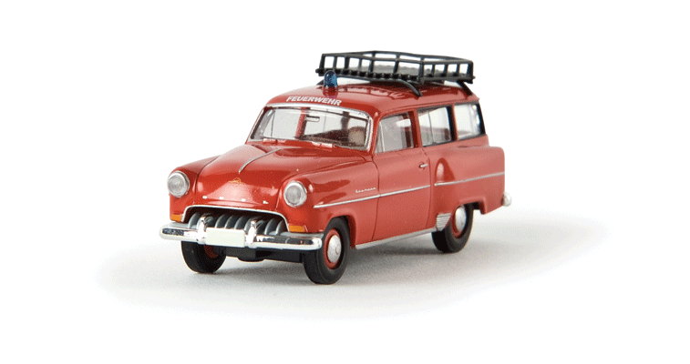 1957-1960 Opel Olympia Rekord CarAVan Station Wagon - Assembled -- With Roof Rack, Fire Department (red, white, German Lettering)