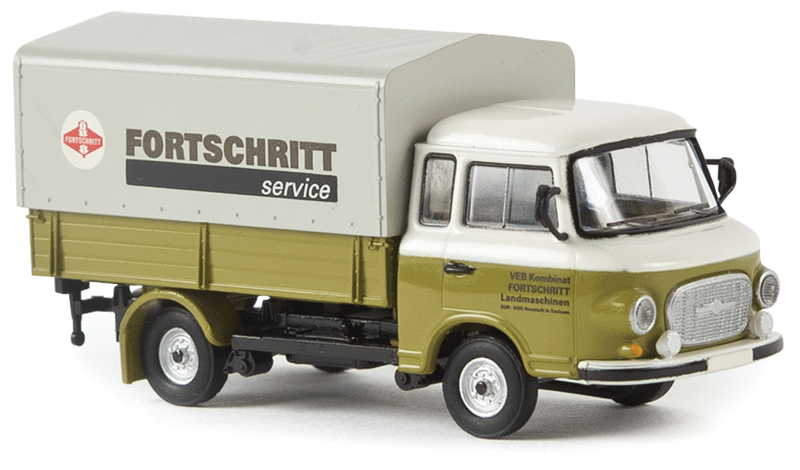 1961-1991 Barkas B 1000 Low-Sided Delivery Truck w/Tarp Cover - Assembled -- Fortschritt (green, white, gray, German Lettering)
