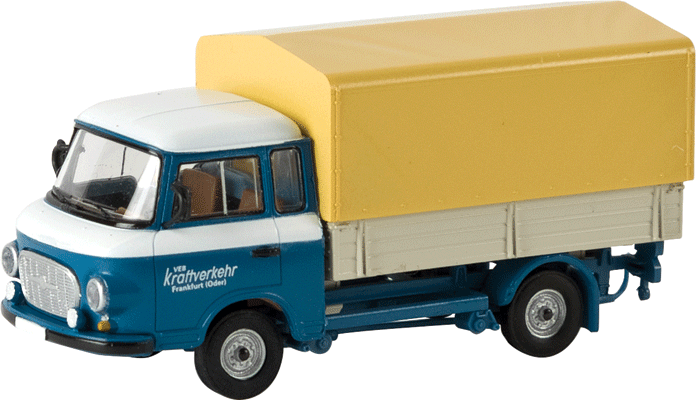 1961-1991 Barkas B 1000 Low-Sided Delivery Truck w/Tarp Cover - Assembled -- VEB KVK Frankfurt (green, white, German Lettering)