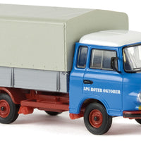1961-1991 Barkas B 1000 Low-Sided Delivery Truck with Tarp Cover - Assembled -- LPG Roter Oktober (blue, red, gray, German Lettering)