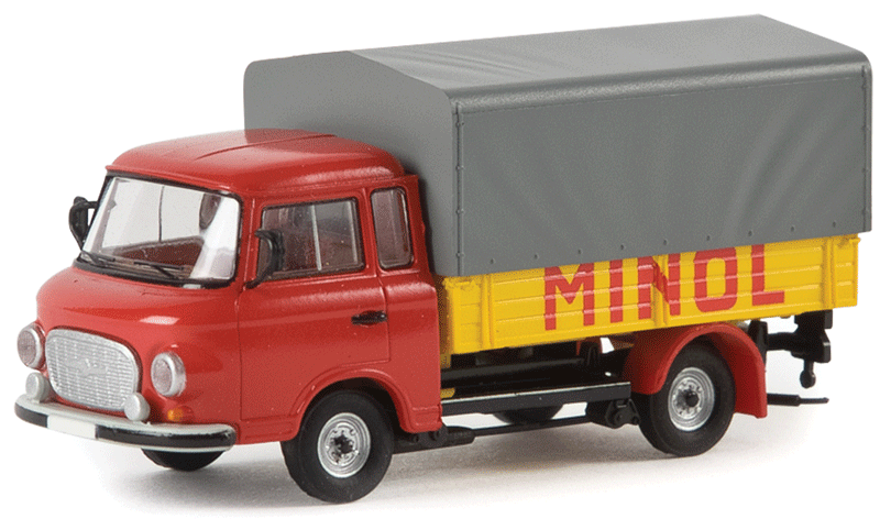 1961-1991 Barkas B 1000 Low-Sided Delivery Truck w/Tarp Cover - Assembled -- Minol (yellow, red, German Lettering)-1