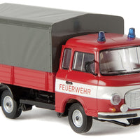 1961-1991 Barkas B 1000 Low-Sided Delivery Truck with Tarp Cover - Assembled -- Fire Department (red, white, gray, German Lettering)