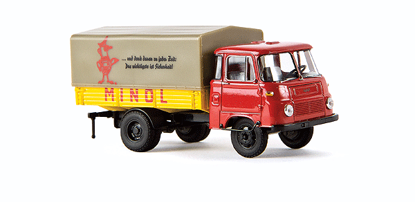 Robur LO 2501 PP Low-Sided Delivery Truck w/Tarp Cover - Assembled -- Minol (red, yellow, German Lettering)-1