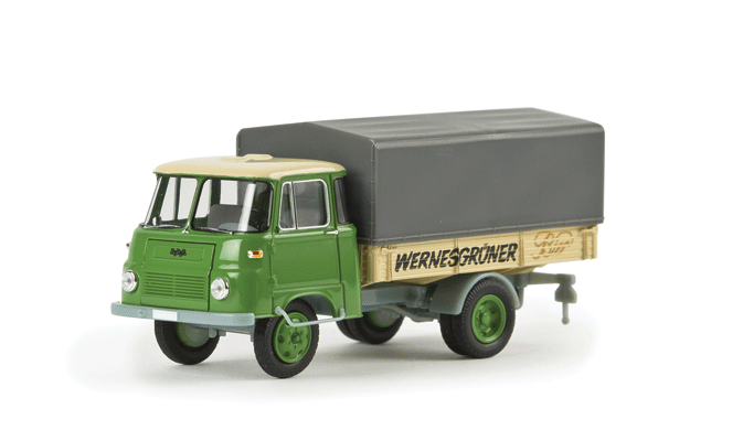Robur LO 2501 PP Low-Sided Delivery Truck w/Tarp Cover - Assembled -- Wernesgruner Pils (green, ivory, tan, German Lettering)-1