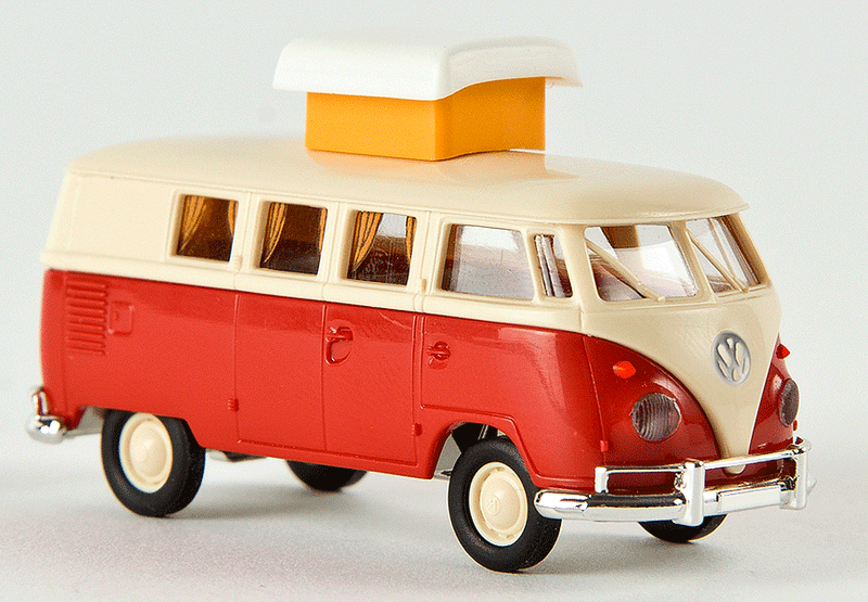 1960-63 Volkswagen Kombi T1b Passenger Van - Assembled -- With Roof Rack & Camper Top Up (ivory, red)