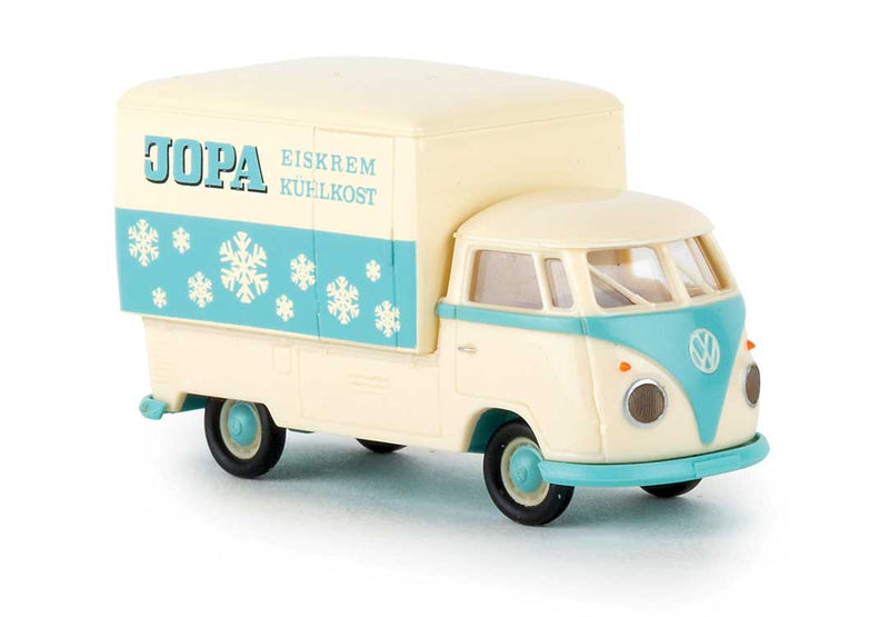 Volkswagen Pritsche T1b Standard-Cab Pickup Truck with Large Cover - Assembled -- Jopa Eiskrem (white, turquoise, German Lettering)