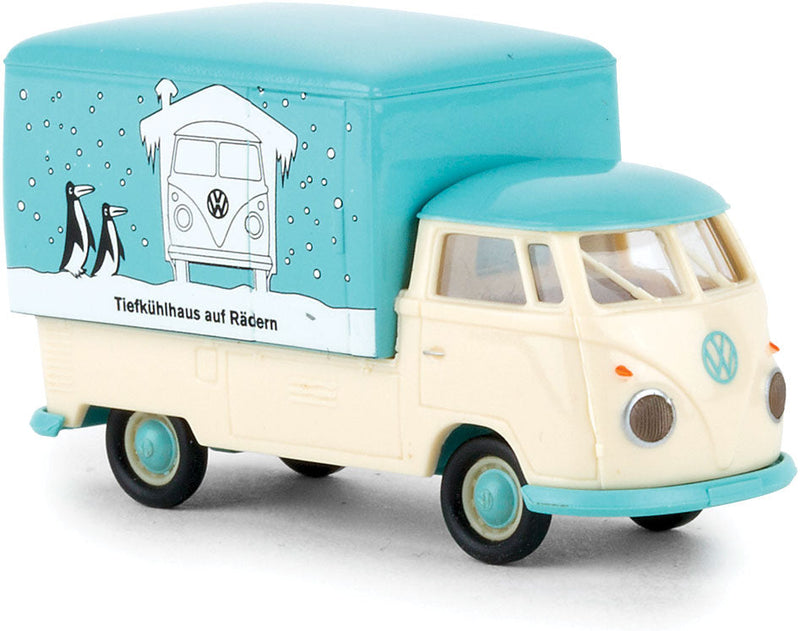 Volkswagen Pritsche T1b Standard-Cab Pickup Truck with Large Cover - Assembled -- Volkswagen Werbung (white, blue, German Lettering)