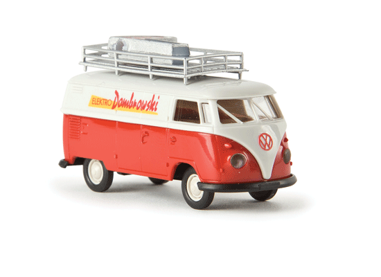 1960-1963 Volkswagen T1b Cargo Van - Assembled -- With Roof Rack & Sign Load, Elektro Dambrowski (red, white, German Lettering