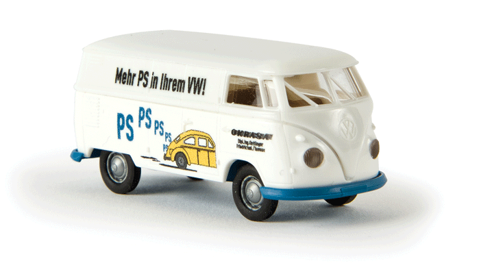 1960-1963 Volkswagen T1b Cargo Van w/Rear Windows & Trailer - Assembled -- OKRASA (white, blue, yellow, black, German Lettering)