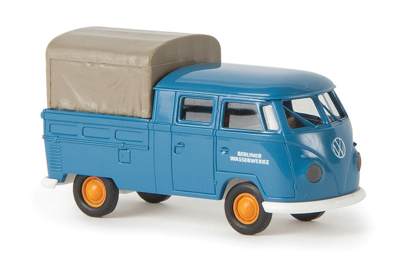 1960-1963 Volkswagen Pritsche T1b Crew-Cab Pickup Truck w/Tarp - Assembled -- Berlin, Germany, Water Works (blue, gray, German Lettering)