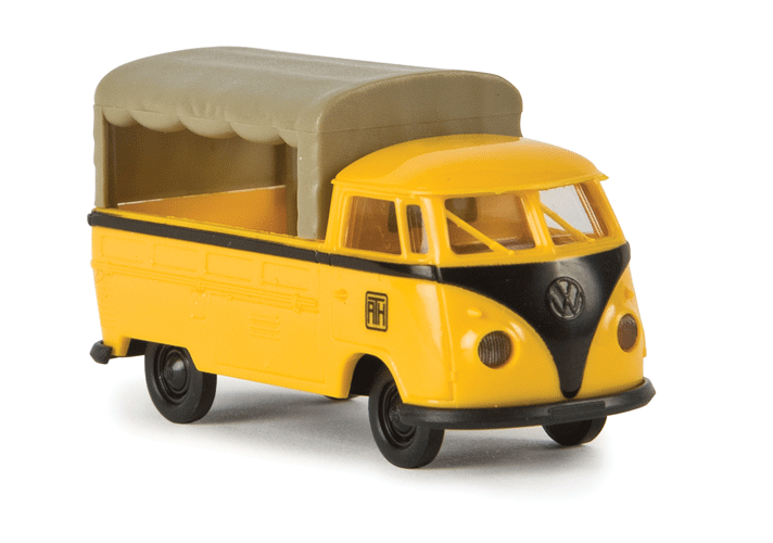 1960-1963 Volkswagen Pritsche T1b Standard-Cab Pickup Truck w/Tarp - Assembled -- August Thyssen Hute (yellow, black, German Lettering)