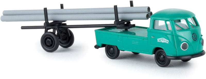 1960-1963 Volkswagen Pritsche T1b Pickup Truck and Pipe Trailer - Assembled -- Schwarzbau (green, German Lettering)