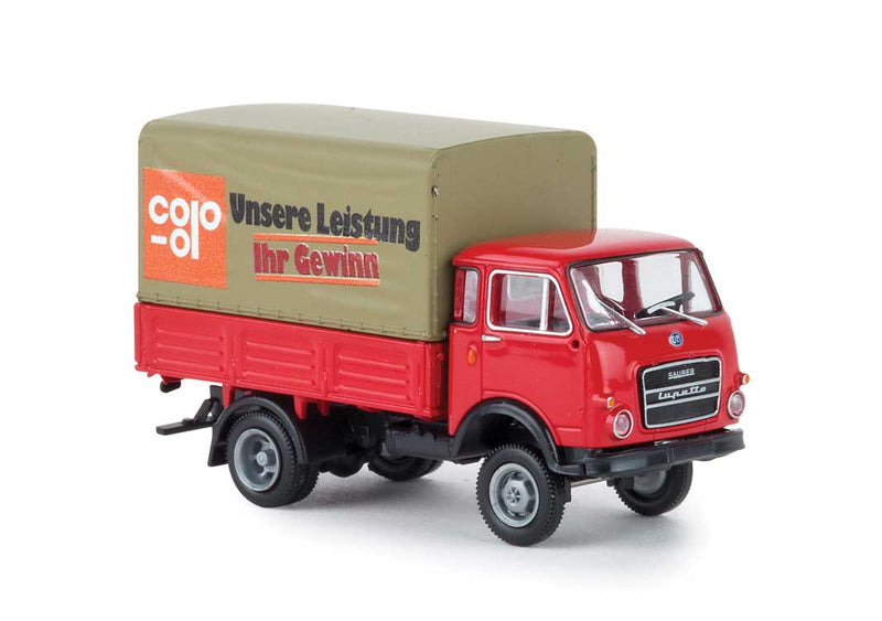 1962-1972 Fiat OM Lupetto Low-Side Delivery Truck with Tarp - Assembled -- COOP (red, orange, German Lettering)