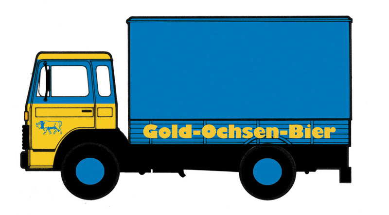 1971 Magirus MK Box-Body Deilvery Truck - Assembled -- Ulmer Goldochsen Beer (blue, yellow, German Lettering)